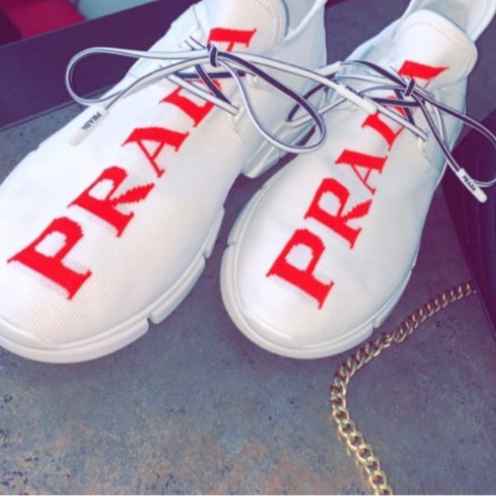 Prada White Sneakers with Red Logo
